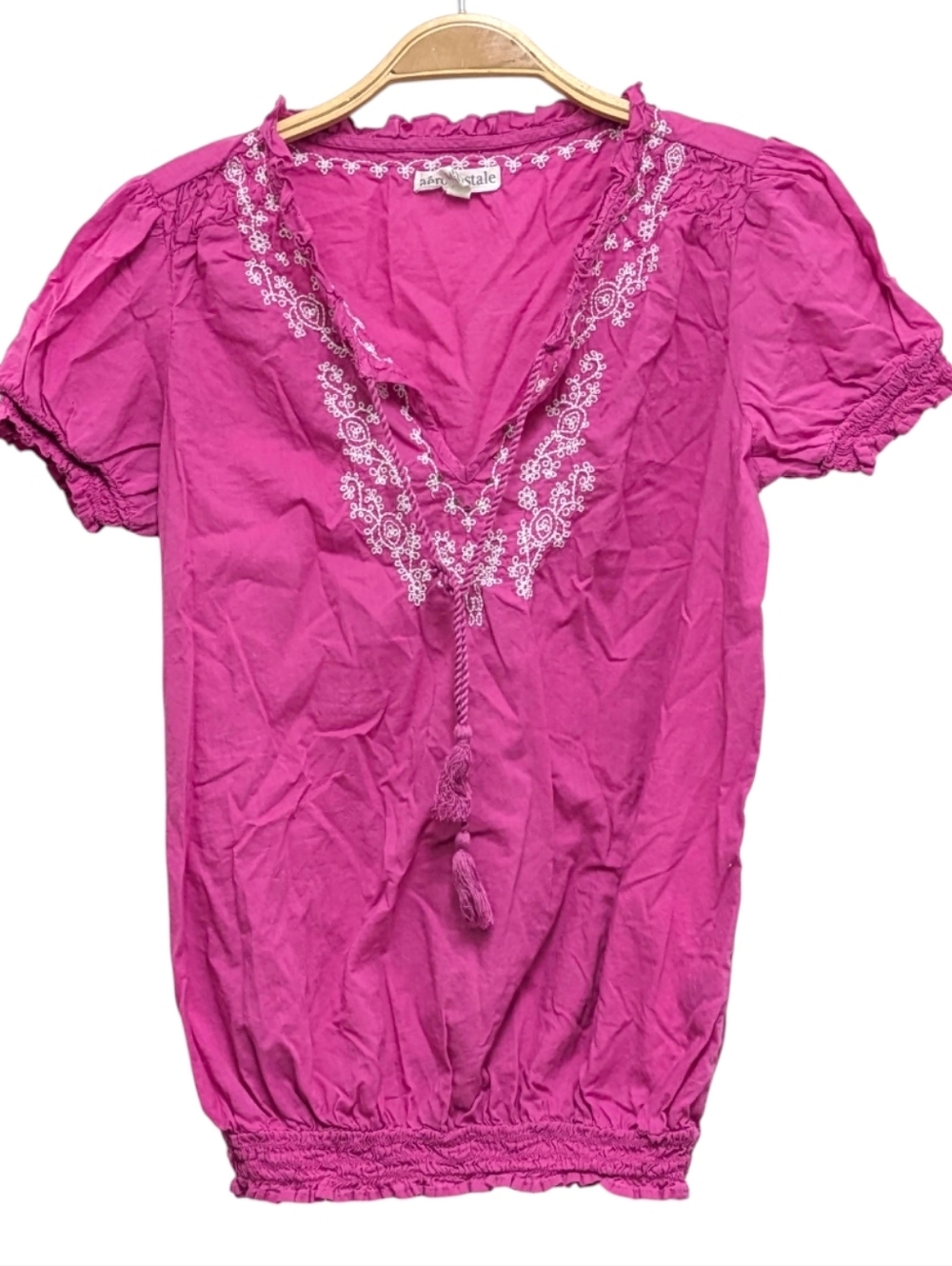 Y2k Aeropostale Pink Embroidered Boho Peasant Top Tassel Tie Short Sleeve Medium
